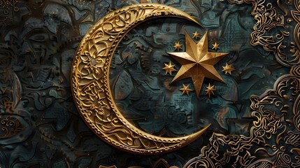 Intricate Islamic Art with Crescent Moon and Star, To showcase the beauty and cultural significance of Islamic art, and to provide a visually