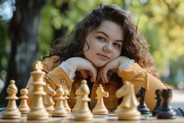 Thoughtful plus-size young woman playing chess in a park.