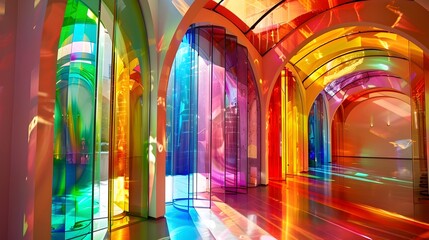 Vibrant Rainbow Glass Art Installation in Colorful Corridor with Light Reflections - obrazy, fototapety, plakaty