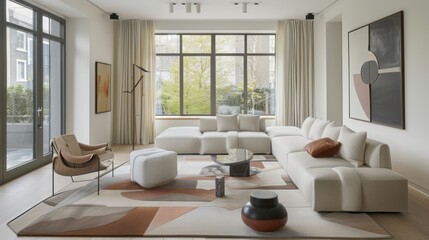 Fototapeta na wymiar Modern Minimalist Living Room with Geometric Rug Accent