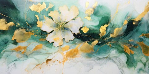 Painting of Flowers on White and Green Background Generative AI