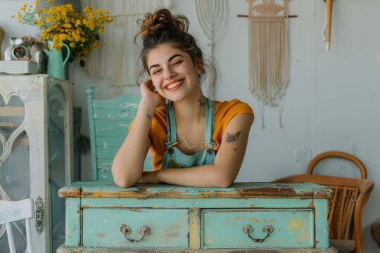Cheerful Caucasian young woman leaning on a vintage chest of drawers in a bright room. woman restoring vintage furniture.