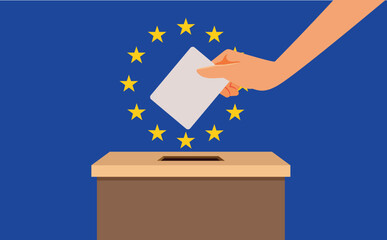 Citizen Voting for the Election in the European Union Parliament Vector Illustration. Person expressing choice of representatives in the office 
