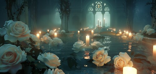 An exquisite high-resolution photograph of a tranquil night scene, featuring elegant white roses illuminated by flickering candlelight.
