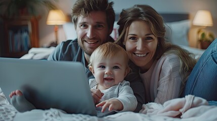 parents with infant child having video call on laptop at home family happiness technology concept  
