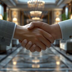 A business handshake in an office.