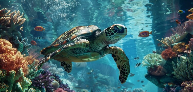 A mesmerizing image of a wise turtle navigating through a lively community of vividly colored fish and other marine life, set against the backdrop of a stunning coral reef.