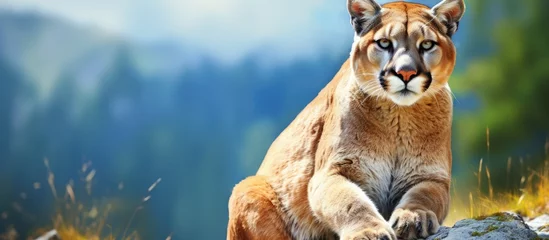 Fotobehang A close-up portrait painting of an alpine cougar, also known as a mountain lion or American puma, sitting on a rock. The majestic feline is depicted in detail, showcasing its powerful presence in the © TheWaterMeloonProjec