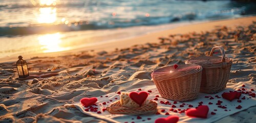 An enchanting HD photograph of a secluded beach transformed into a romantic haven for Valentine's...