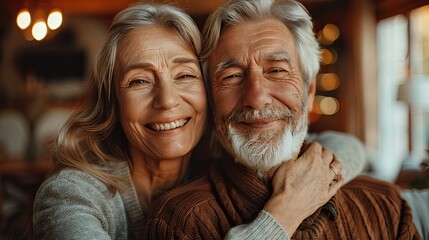 happy romantic senior couple hugging and enjoying retirement at home   - obrazy, fototapety, plakaty