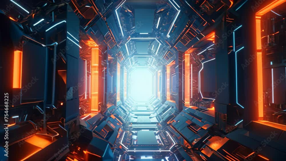 Sticker Futuristic scifi tunnel corridor with glowing lights 3D rendering, Futuristic Metaverse Tunnel with Polygon Shapes and Circuit Boards, AI Generated