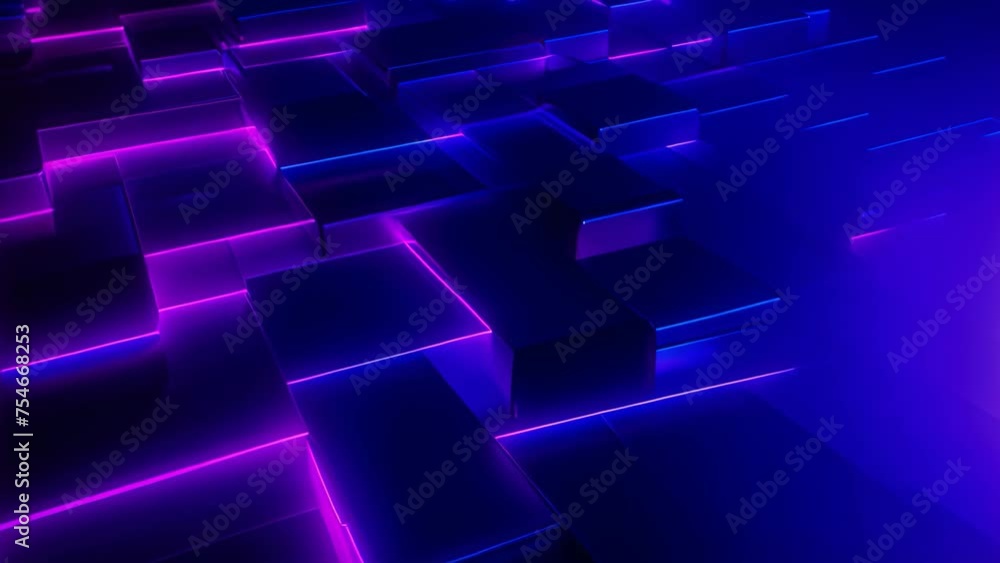Poster abstract background with glowing squares in blue and violet colors. 3d rendering, futuristic sci-fi 