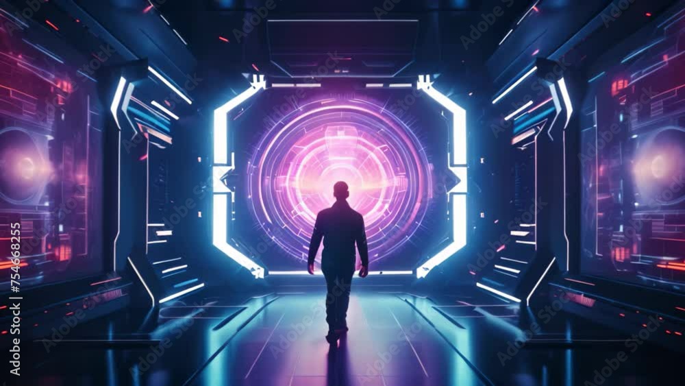 Poster man in futuristic interior with glowing hud interface. future concept. 3d rendering, futuristic spac