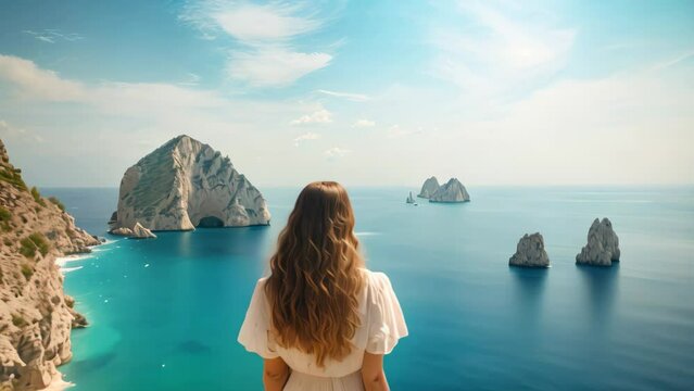 Young woman in white dress looking at the sea and cliffs on the island of Zakynthos, Greece, Holidays on Capri Island. Back view of beautiful fashion girl enjoying view the Faraglioni, AI Generated