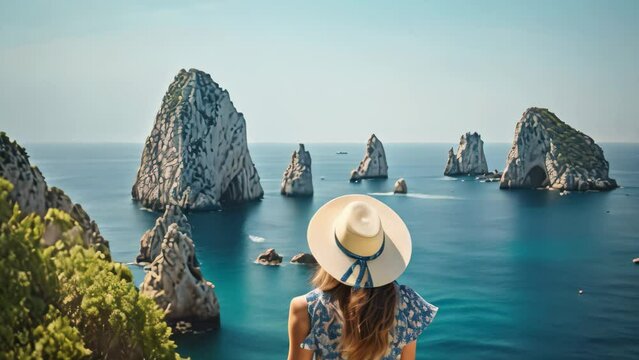 Beautiful young woman in hat looking at the beautiful view of Capri island, Italy, Holidays on Capri Island. Back view of beautiful fashion girl enjoying view of the Faraglioni stacks, AI Generated