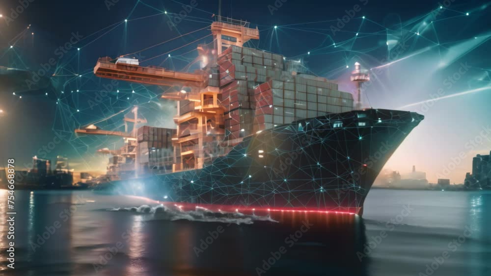 Poster cargo ship with global network connection concept. 3d rendering, incorporating new tech for ship tra