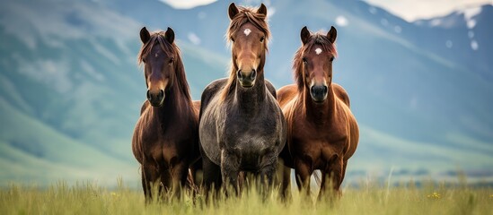 Three juvenile brown horses are standing in a grass field, with mountains visible in the background. The horses appear calm and alert as they graze and interact with each other in their natural