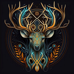 Deer illustration in symmetry celtic art. Element design. Celtic art of east totem and west style in psychedelic. Fit for apparel, cover, poster, banner, background.