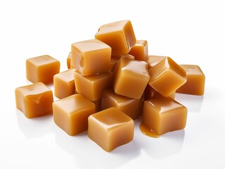 Pile of Caramel Cubes Isolated on White Background. Generative AI