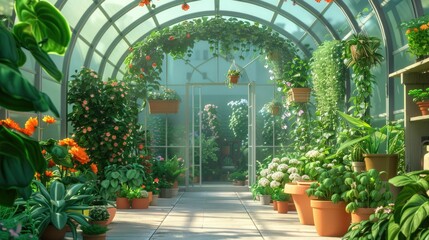 A lush greenhouse bathed in sunlight, overflowing with vibrant flowers and foliage, offering a serene environment for plant enthusiasts.
