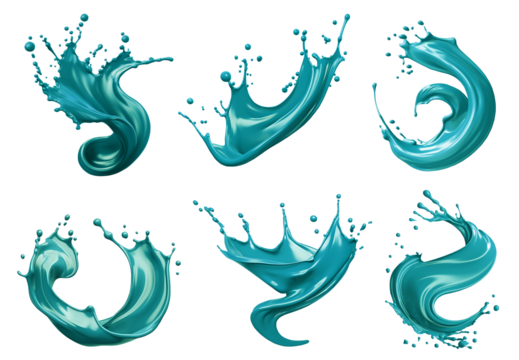 Set of turquoise aqua blue green cream liquid paint ink splash swirl wave on transparent background cutout, PNG file. Many assorted different design. Mockup template for artwork graphic design