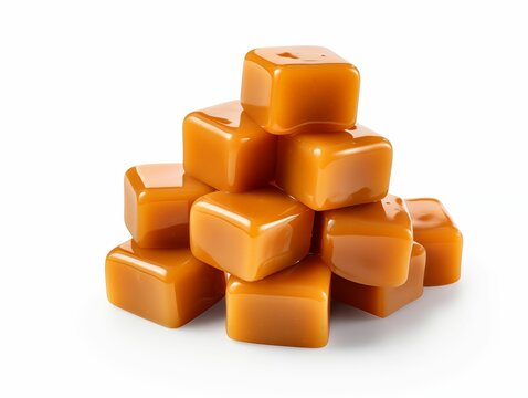 Pile of Caramel Cubes Isolated on White Background. Generative AI