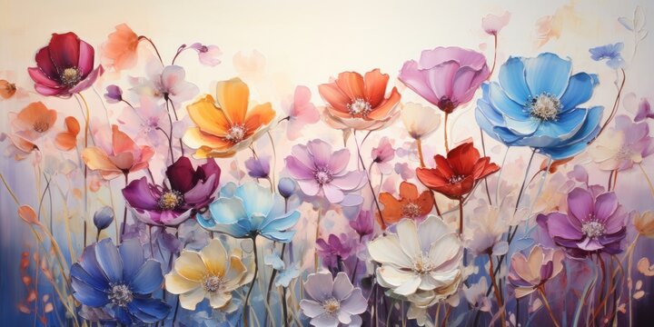 Colorful Flowers Painting on White Wall Generative AI