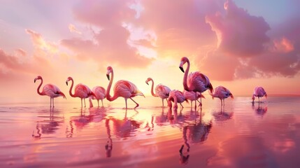 Elegance in Pink: Flamboyant Flamingos at Sunset AI Generated. - obrazy, fototapety, plakaty