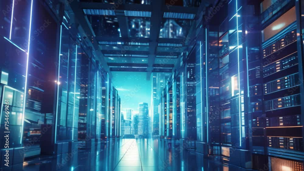 Poster 3d rendering of server room data center with bright blue lights, it server and modern digital fortre