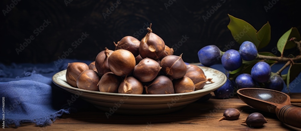 Poster a bowl filled with assorted nuts sits next to a blue cloth on a table, creating a simple yet satisfy