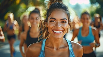 fitness sport friendship and healthy lifestyle concept group of happy people exercising   - obrazy, fototapety, plakaty