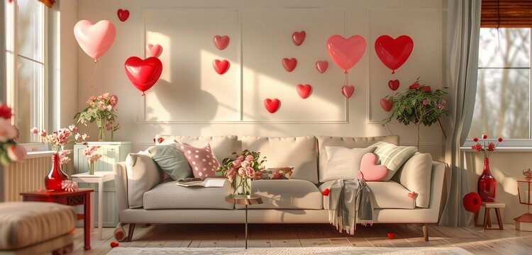 A captivating HD photograph showcasing the beauty of a light living room decorated for Valentine's Day, with a stylish sofa arrangement complemented by heart motifs and festive balloons.
