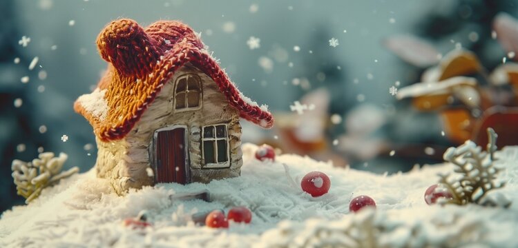 An immersive high-resolution image portraying a charming winter setting with a model house adorned in a knitted cap.