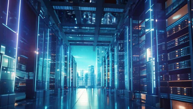 3D rendering of server room data center with bright blue lights, IT Server and modern digital fortress with digital computers, Data center, AI Generated