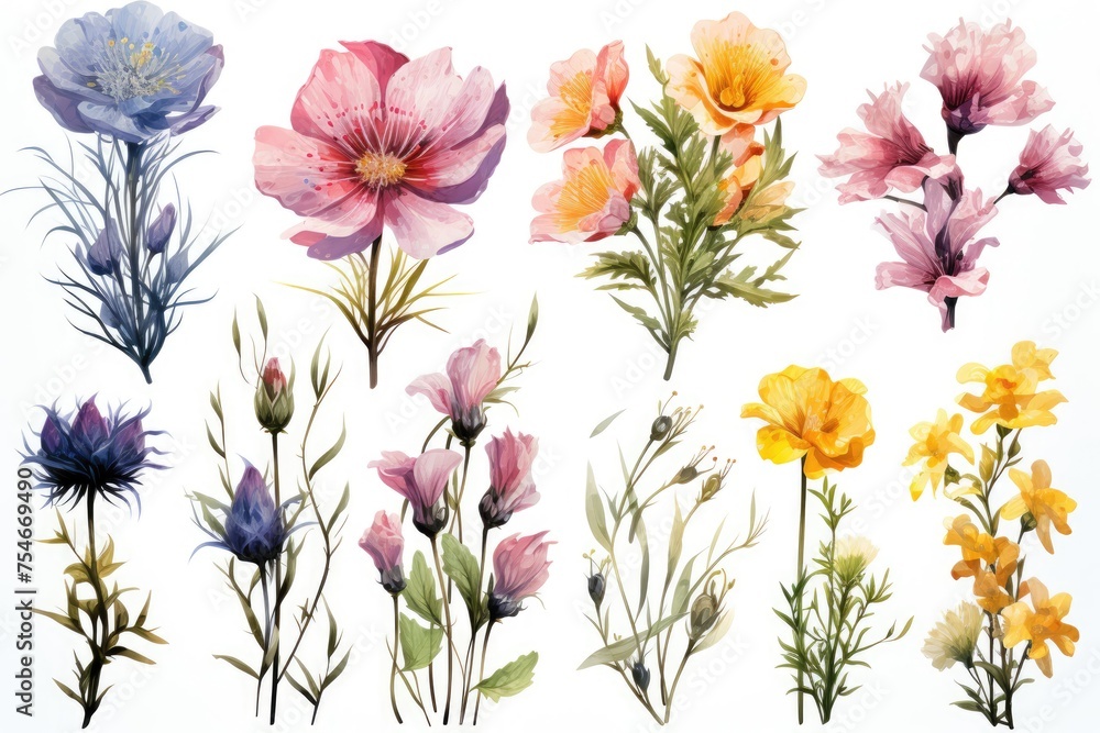 Poster cluster of flowers on white background generative ai