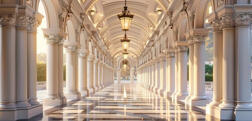 An enchanting HD photograph highlighting the graceful charm of elegant lanterns hanging from a classical white arcade. - obrazy, fototapety, plakaty