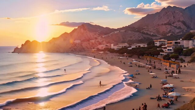 Sunset on the beach in Calpe, Alicante, Spain, Kaputas beach. People enjoy sun and sea at the beautiful turquoise sea and sandy beach of Kaputas. Sunset over the sea in the background, AI Generated