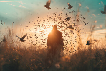 Silhouette of a Person in a Field at Sunset with Birds Flying Around