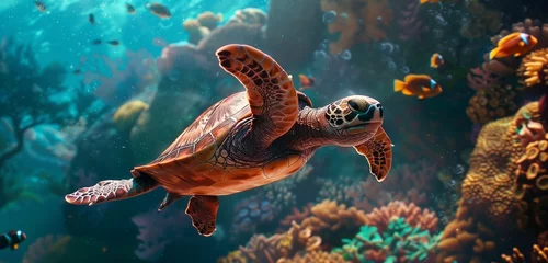 Foto op Plexiglas An HD capture of a serene underwater tableau, featuring a peaceful turtle swimming alongside a kaleidoscope of brilliantly hued fish. © Muhammad