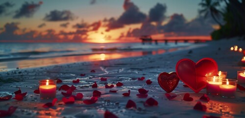 An enchanting HD photograph of a secluded beach transformed into a romantic haven for Valentine's Day, featuring a heart-shaped arrangement of candles and flowers on the sand.