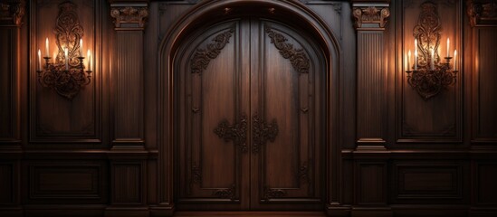 A close-up of a large wooden door adorned with two lights. The door features intricate craftsmanship and luxury design, creating a perfect background for various purposes.