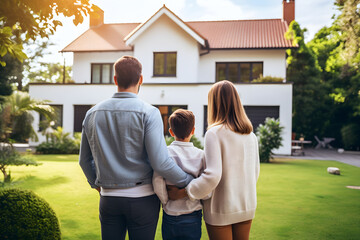 happy family in front of house