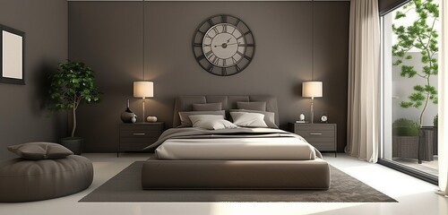 A breathtaking scene in stunning HD, highlighting the contemporary charm of a stylish bedroom where a well-placed wall clock seamlessly integrates into the modern decor.