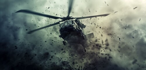 An intense and realistic HD image capturing a military helicopter in action, showcasing its powerful rotor blades cutting through the air against a dramatic sky backdrop. - obrazy, fototapety, plakaty