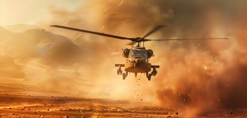 An intense and realistic HD image capturing a military helicopter in action, showcasing its powerful rotor blades cutting through the air against a dramatic sky backdrop.