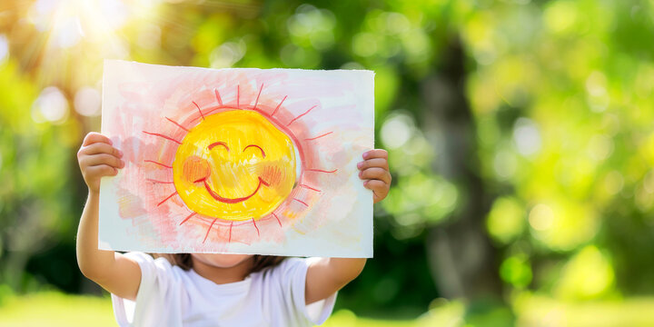 A girl holding a drawing of a smiling sun. Summertime, optimism concep. Banner
