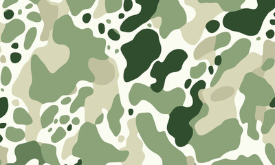 Seamless Pattern of Green and White Abstract Shapes, Resembling Cow Spots, Creating an Organic Feel for a Unique Design Element. The Background Is a Soft Cream Color, Enhancing the Camouflaged