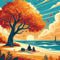 free Vector Autumn background with a tree and a couple. Vector.