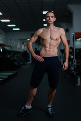 Fototapeta na wymiar Shirtless man with sculpted body in the gym. 