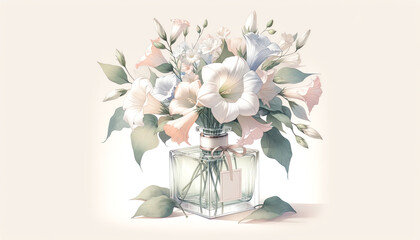 Obraz premium Watercolor style drawing of Moonflower in a clear glass perfume bottle